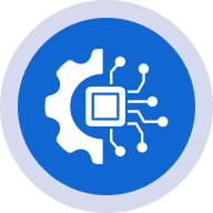Gear and circuit icon on blue background.