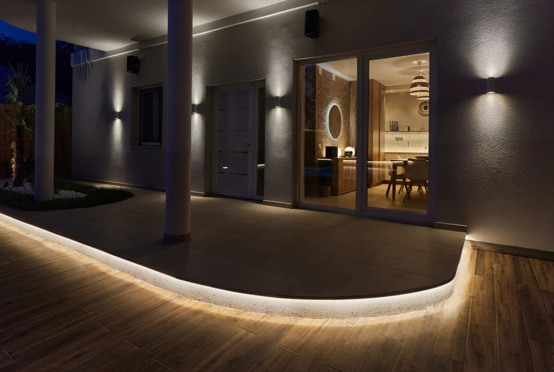 Outdoor patio with illuminated pathway